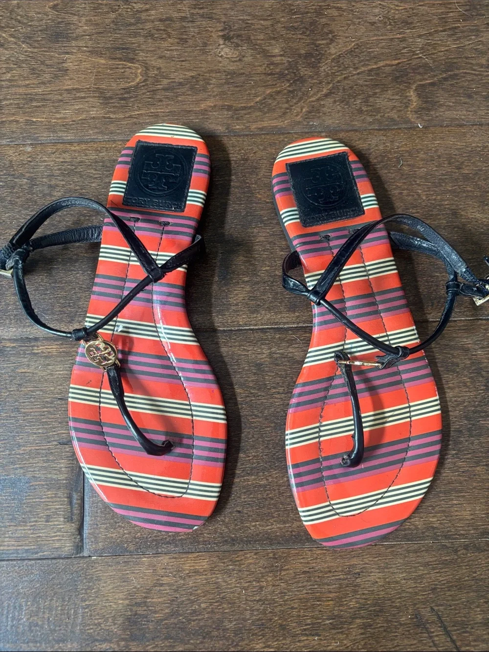 Tory Burch Red/Cotral Plaid Sandals with navy Straps and gold Logo Charm